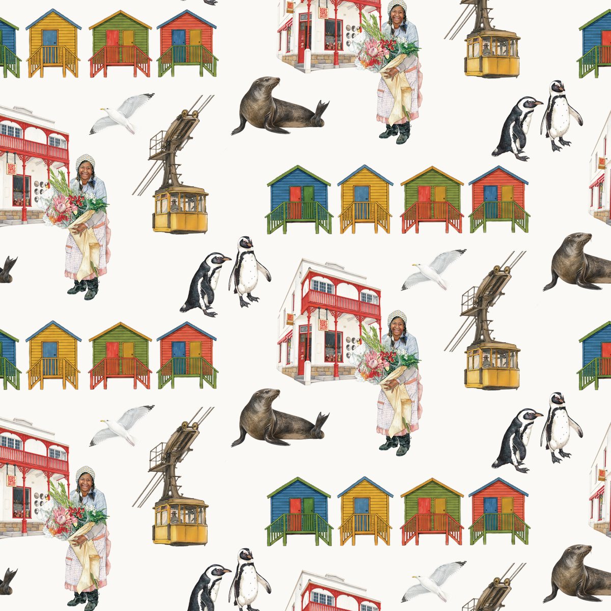 The Cape We Call Home – detail of illustrated gift wrap pattern by Héni Andrag for The Blom Collective